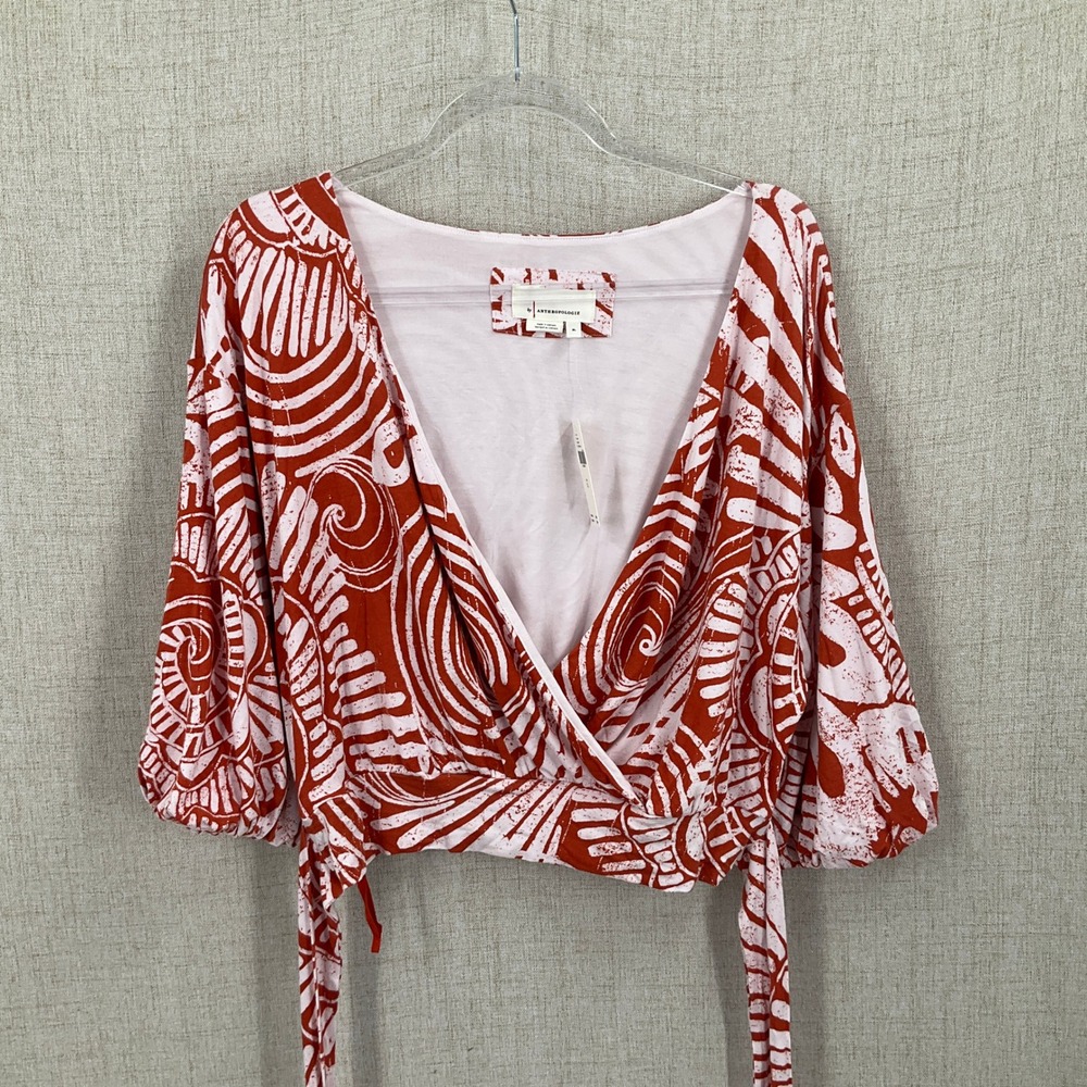 Anthropologie Wrap Top Women XL Red White Jersey Batik Puff Sleeve Boho Cropped